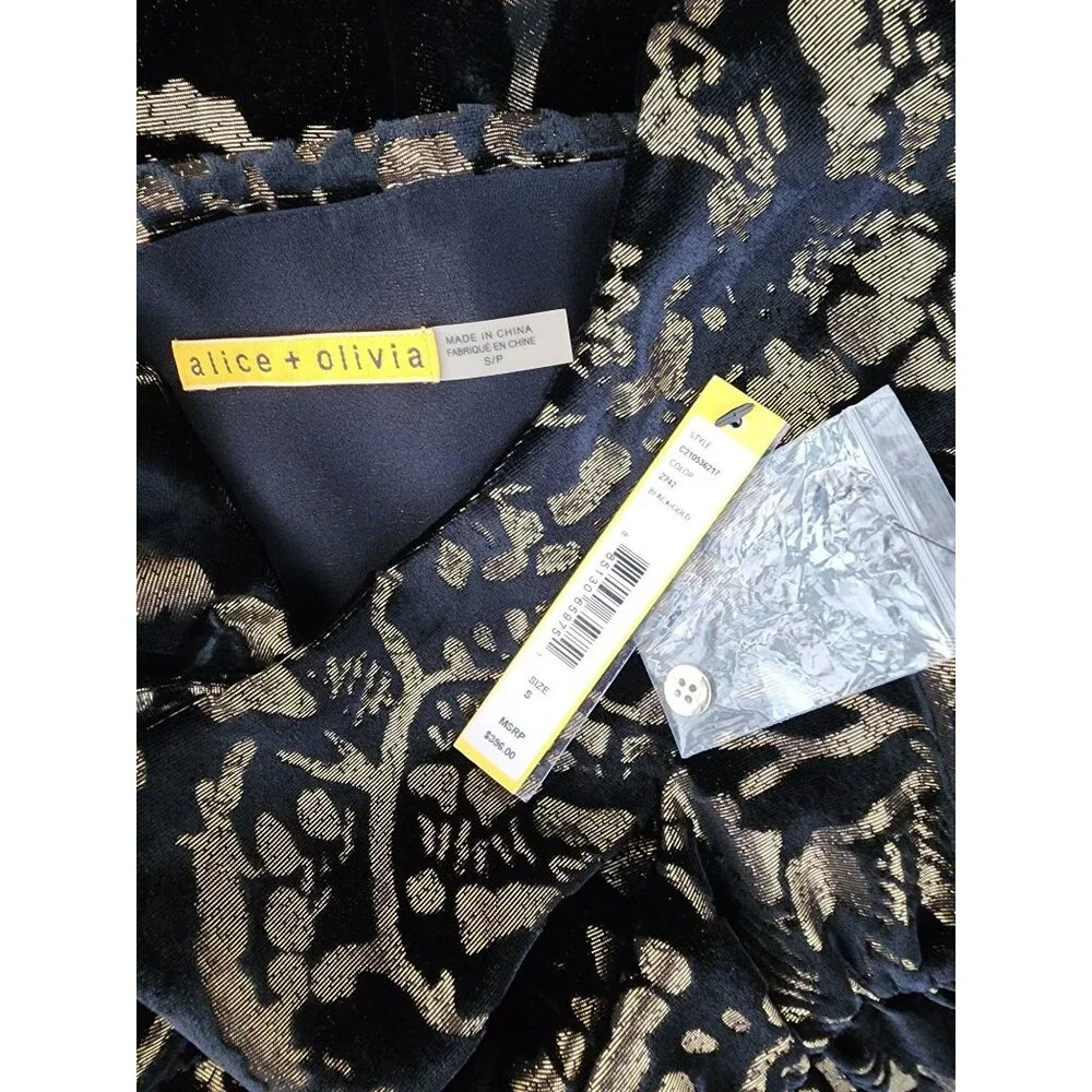 Alice + Olivia NWT Metallic Velvet Dress Gold Black Event Small